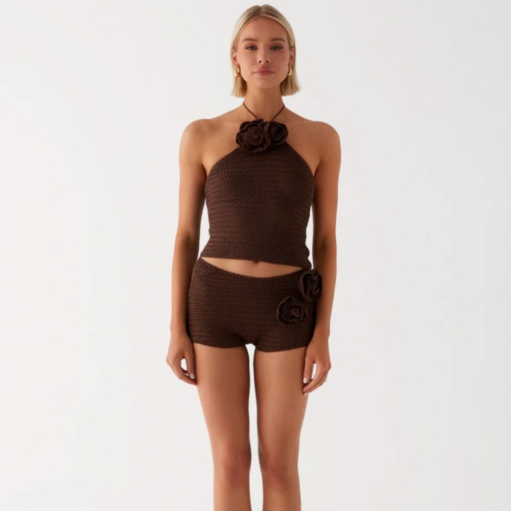 Peppermayo Maia Rose Crochet Mini Shorts In Chocolate Size L/XL